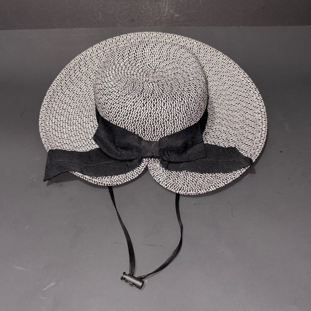 Verabella Black White Woven Chevron Sun Hat Wide Brim Bow Adjustable Strap